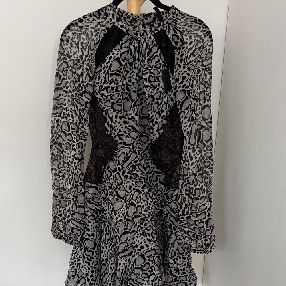 BCBGMaxAzria Black and Gray Animal Print Long Sleeve Dress